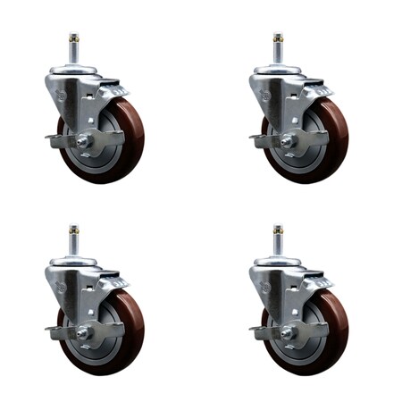 Service Caster 4'' Maroon Poly Swivel 7/16'' Grip Ring Stem Caster Set with Brake, 4PK SCC-GR20S414-PPUB-MRN-TLB-716138-4